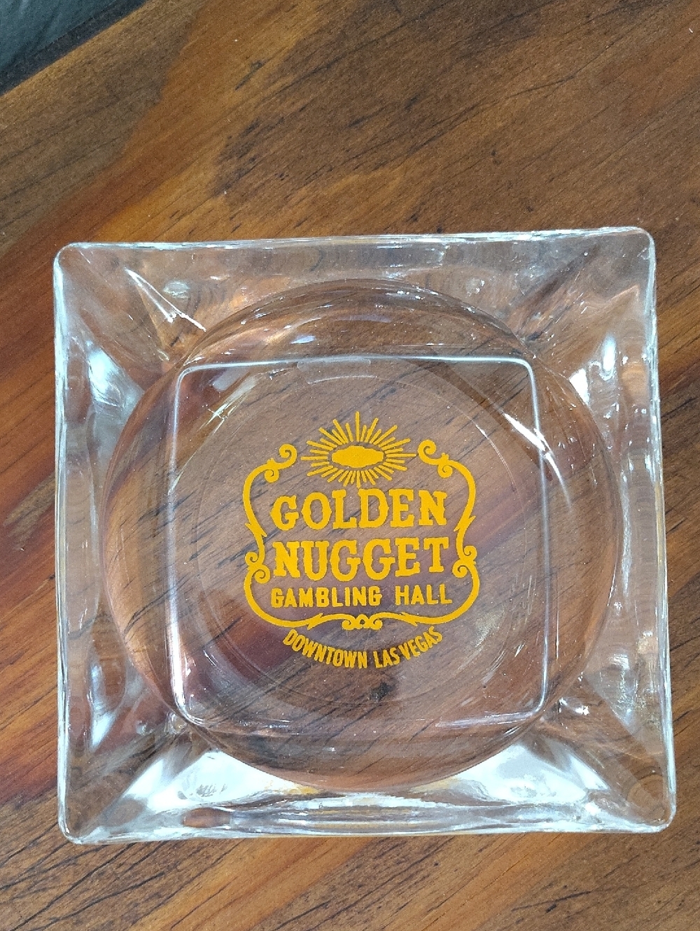 Golden Nugget Ashtray Clear Gold Lettering Advertisement 3.5"